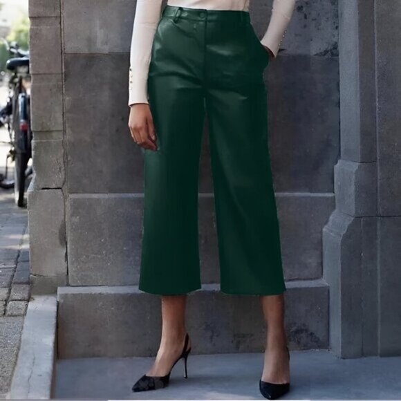 Aritzia Babaton Green Vegan Leather Wide Leg Crop Coney Pant Size 0 - Picture 1 of 7